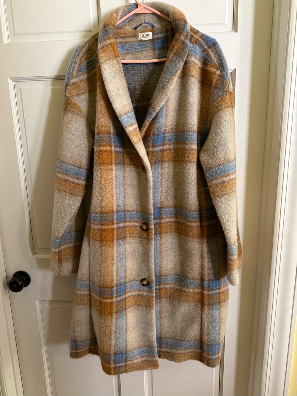 a.n.a Plaid Wool-Blend Pea Coat in Camel & Blue